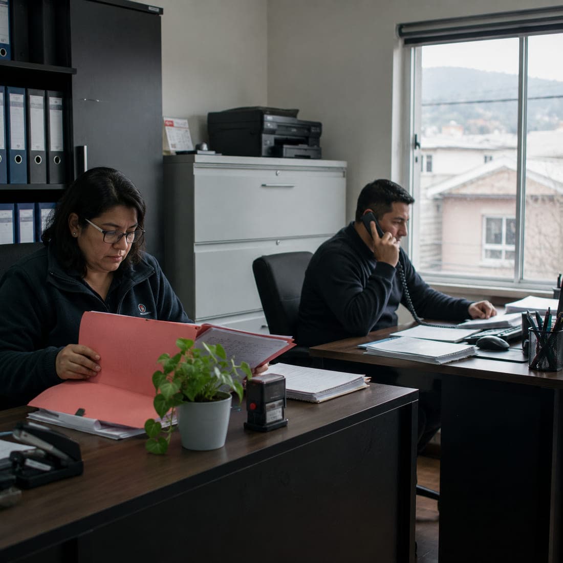 Oficina contable pequeña de una ciudad de provincia, con dos personas revisando carpetas de remuneraciones
